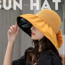 1顶新款草编稻草人渔夫帽，女士大帽檐防紫外线遮阳帽，适合春夏佩戴 - 彩色 - 查看 9