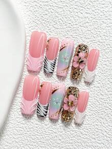 10件套甜美个性化手工美甲套装，包含假指甲贴纸、蝴蝶、水钻美甲装饰、手工五瓣花美甲装饰、粉色、黑色、白色和薄荷绿指甲油，梦幻风格，内含美甲工具（1张果冻贴纸+1个指甲锉），三种尺寸可选：杏仁形、鸭嘴形、棺材形，适合派对、日常佩戴、拍照、春夏通勤等场合。 - 彩色 - 查看 13