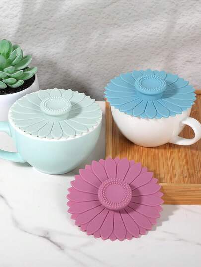 3pcs Sunflower Silicone Cup Lids - Creative Multifunctional Seamless Silicone Sunflower Shaped Cup Lids With Handle - Ideal Gift For Family, Colleagues And Friends, Multifunctional Sunflower Silicone Cup Lids Fit For Tea Cups And Coffee Mugs, Dust-Proof And Leak-Proof, Reusable Cup Lid, Dust And Insect Proof, Cup Accessories, Back To School, Summer, Gift