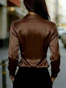 Blusa de satén de manga larga con cuello, blusa elegante de poliéster para primavera y vacaciones - Café integral - Ver 3