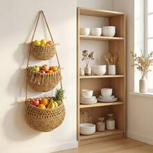 Túi treo đựng trái cây mới, làm bằng dây gai đan thủ công, giỏ đựng rau củ nhà bếp, treo tường, phong cách Bohemian. - màu nâu - Xem 1
