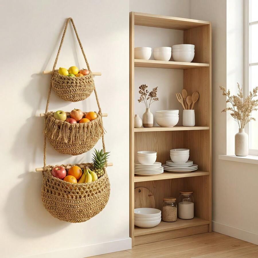 Túi treo đựng trái cây mới, làm bằng dây gai đan thủ công, giỏ đựng rau củ nhà bếp, treo tường, phong cách Bohemian. - màu nâu - Xem 1