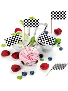 Black And White Checkered Racing Car Toothpick Flags, Mini Racing Car Toothpicks, Cupcake Decorations, Fruit Cupcake Decorations, Food Toothpick Flags, Party Bar Sports Event Decorations, Racing Car Flags And Checkered Flags Cake Decorations, Mini Checkered Racing Car Flag Finish Line Cupcake Decorations, Party Decorative Toothpicks, Black And White Toothpick Cupcake Decorations - Multicolor - View 9