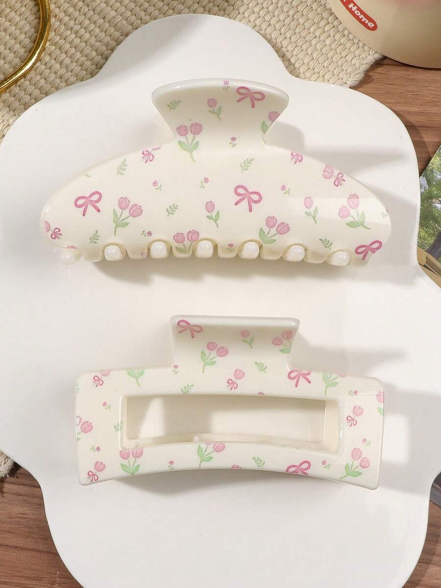 2pcs Set Ivory Bow & Floral Print Semi-Circle Hollow Hair Claw, Ponytail Clip, Sweet & Gentle Countryside Girl Vibe, Suitable For Beach, Picnic, Party Summer Hair Accessories Beach Claw Clips Vacay Hair Clips - Multicolor - View 1