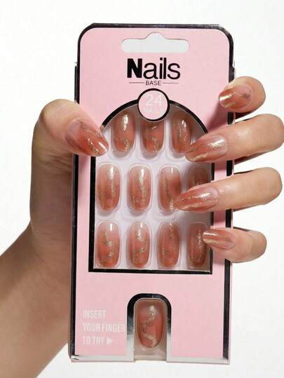 Nails Base 24pcs/Set Cinnamon Gradient With Gold Foil Detail Nail Art Spring And Summer Flower Printing Press On Nails Press On Nails Medium Length,Paired With 1pc Jelly Gel And 1pc Nail File,Bedazzling Kit Nails Nail Supplies Suitable For Parties And Mother's Day Gift