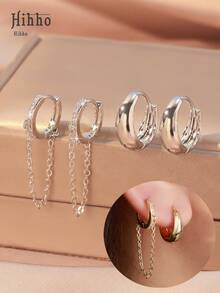 Hihho 2 Pairs Luxury Chain Tassel Hoop Earrings & Wide Minimalist Earrings Set, Dual-Wear Design, Chic And Elegant For Party, Work And More Occasions - Earrings Set - View 5