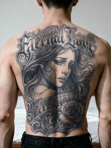 1 pieza Tatuaje temporal falso para la espalda de hombres, retrato femenino , gótico, semi-permanente, resistente al agua y al sudor, que dura de 1 a 2 semanas, realista, con jugo de hierbas, antifricción, sin reflejo, negro, para mujer y hombre, pegatinas de tatuaje para brazo, pecho, pierna - HM063 - Ver 2
