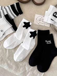 5 Pairs Boys' Thin Breathable Casual Sports Socks With Letter Print, Black & White, Versatile For Spring & Summer - Multicolor - View 2