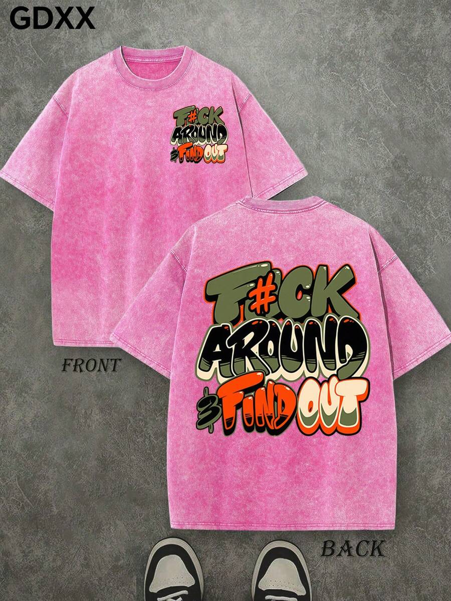 Plus-Size Vintage Washed T-Shirt, F#Ck Around And Find Out Casual Vacation Graphic T-Shirt, Loose Fit, 230g Pure Cotton Men's T-Shirt, A Surprise Gift - 粉色 - 查看 1