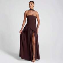 2026 European And American Women's Fashion Strapless Solid Color Slit Dress, Stylish And Sexy Backless High-Slit Long Dress, New Model - 黑色 - 查看 4
