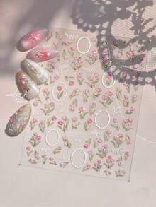 1 tờ sticker dán móng tay hình hoa tulip hologram viền vàng, sticker chữ cái tình yêu hình tròn đính ngọc trai 3D, phụ kiện trang trí móng tay mùa xuân ngọt ngào tự làm. - Nhiều màu - Xem 5