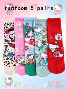 SANRIO 5 Pairs Random Cartoon Kitty Cute & Fashionable Versatile Mid-Calf Socks For Women - Multicolor - View 3