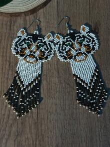 手工虎头流苏耳环，女士时尚长款玻璃珠吊坠耳环，串珠波西米亚风百搭配饰 - 老虎 - 查看 9