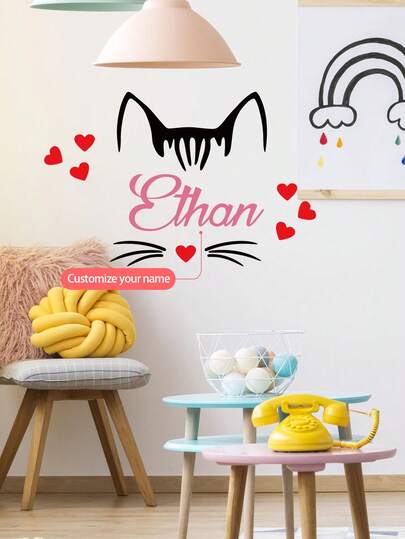 1 Miếng Dán Tường Tên Tùy Chỉnh - Hình dán tường tự dính có thể tháo rời, cá nhân hóa với họa tiết mặt mèo/râu mèo/dấu chân mèo cho phòng ngủ trẻ em, phòng trẻ sơ sinh, phòng khách, tranh dán tường dễ dán cho phòng bé, quà tặng trang trí tường tên tùy chỉnh cho bé trai và bé gái
