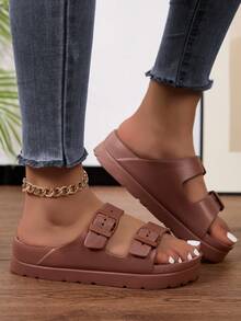 New Fashion Women's Thick Sole Platform One-Piece Molded Slippers, Soft Comfortable Home Shoes, Suitable For Students, Double Buckle Adjustable Strap, Outdoor Wear, Commute, Travel, Beach, Shopping, Walking, Shock-Absorbing - Brown - View 10