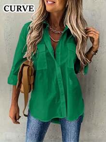 Plus Size Women's Solid Color Casual Turndown Collar Tie-Front Long Sleeve Shirt - Green - View 1