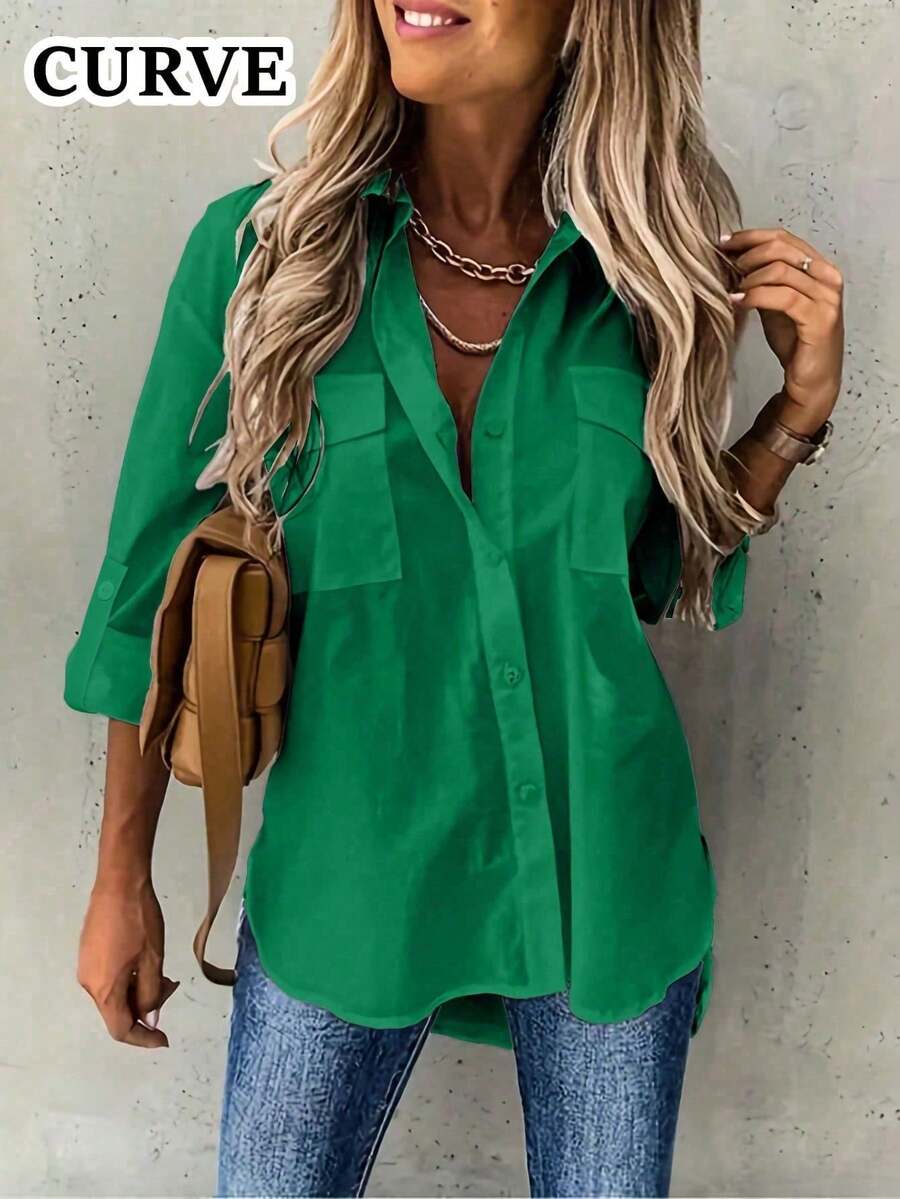 Plus Size Women's Solid Color Casual Turndown Collar Tie-Front Long Sleeve Shirt - Green - View 1