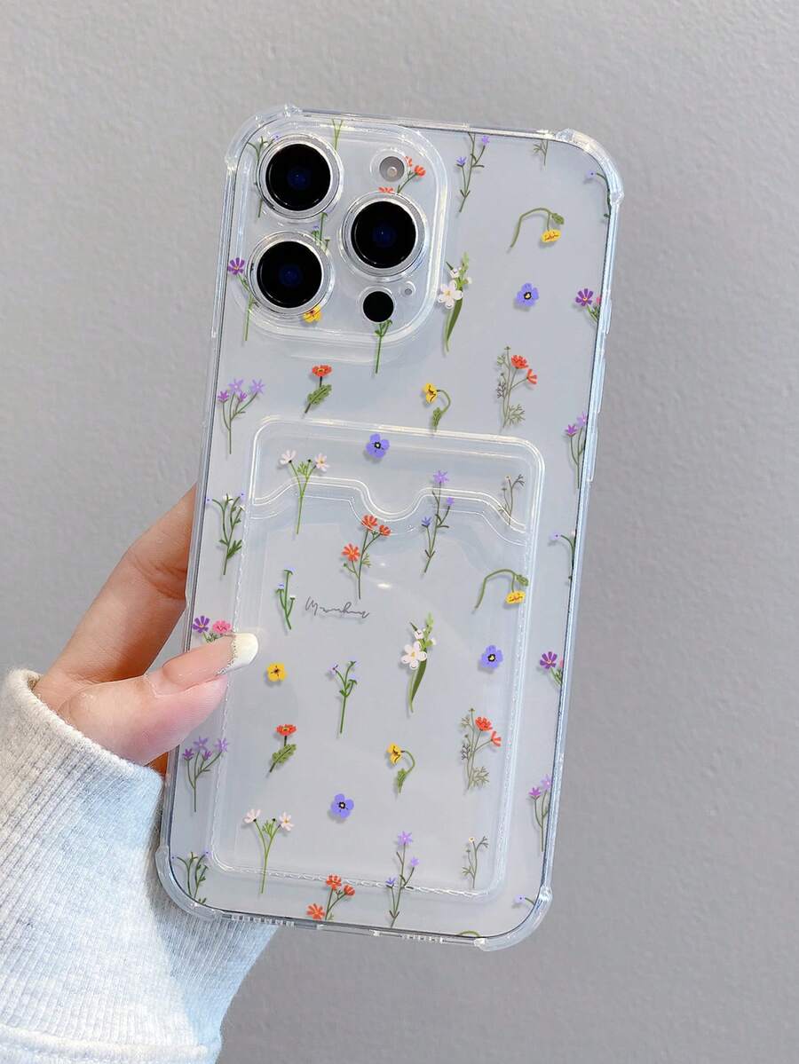 花卉图案透明防摔手机壳,TPU材质,适合作为节日礼物,兼容苹果XS/XS Max/XR/11/12/13/14/15/16 Pro/17/Pro Max/14/15/16 Plus,带卡槽和照片插槽 - 無色 - 查看 1