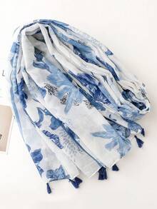 1pc Women's Linen Tassel Printed Scarf, Suitable For Beach, Vacation And Daily Life, Adding Highlights To Your Style, All Seasons,Accessories,Holiday - Blue - View 4