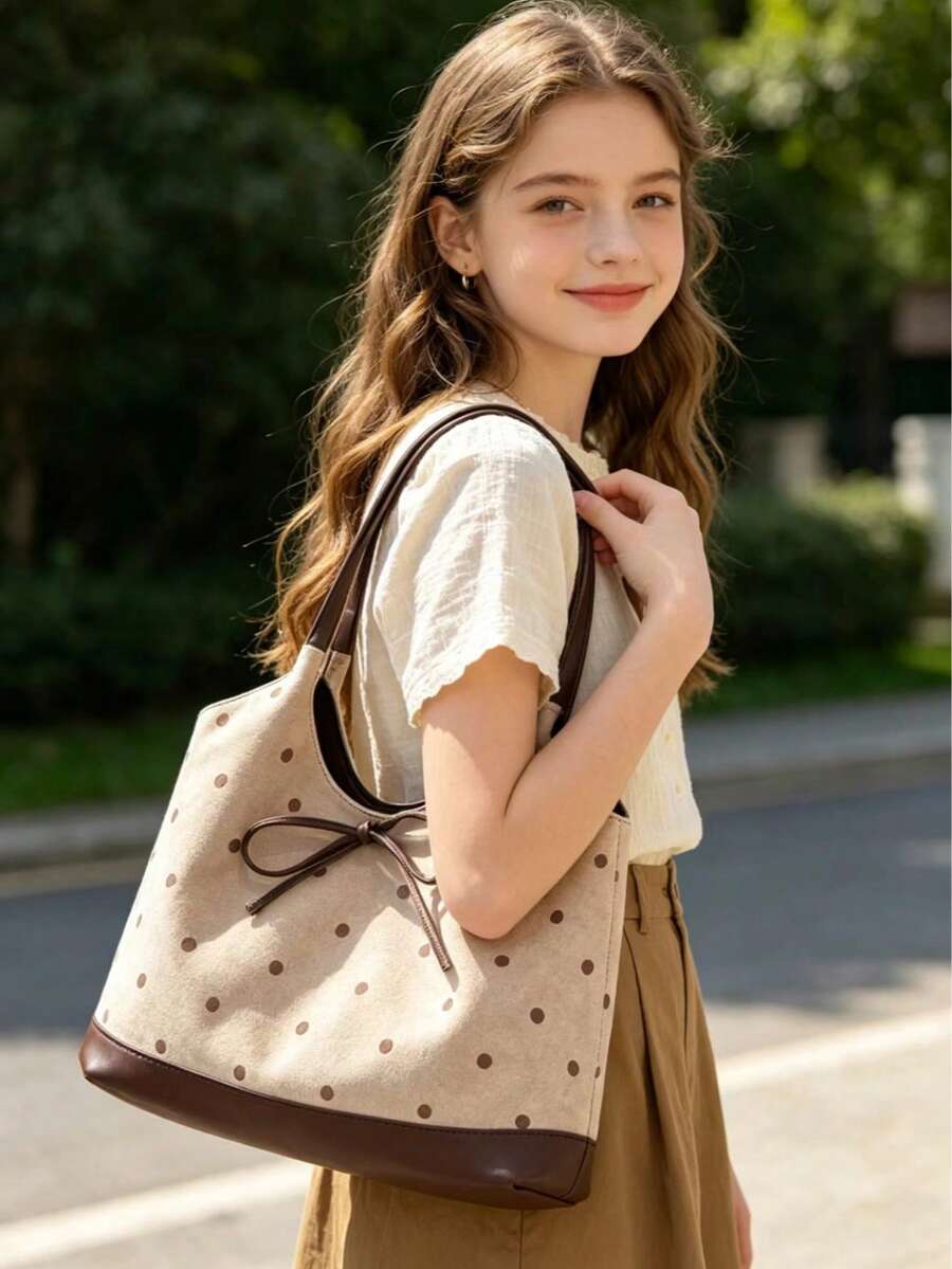 1pc Girls Polka Dot Suede Magnetic Closure Fashion Shoulder Bag, Suitable For All Seasons Daily Use, Without Pendant