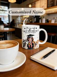 Customized Coffee Mug With Cartoon Graduate Portrait And Pet Portrait, Personalized With Name And University, Interesting Cartoon Graphic Design, Graduation Gift For Dog Lovers, Pet Owners And Graduates - White - View 1