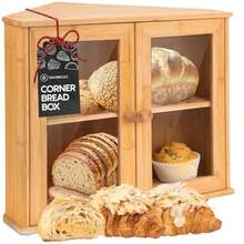 Easy to Assemble Bamboo Corner Bread Box for Kitchen Countertops - Kitchen Bread Storage and Organizer - Double Layer Bamboo Breadbox to Keep Bread Fresh - Bamb - Ver 2