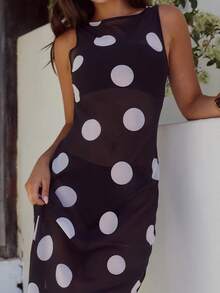 Women's Maxi Dress Boat Neck Sleeveless Vintage Mesh Polka Dot Summer Vacation Outfit - 黑色 - 查看 4