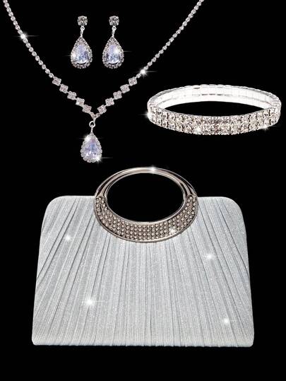 Luxury New Rhinestone Jewelry Set Including Necklace, Earrings, And Bracelet, Paired With Luxury Sparkling Crystal Women's Evening Clutch Bag Suitable For Parties, Romantic Weddings, Spring/Summer Chain Shoulder Bags, Bridal Purses, And Formal Galas