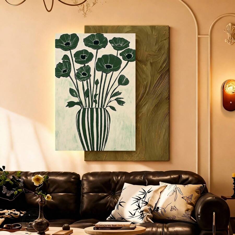 Con marco 1 pieza de Arte Moderno Minimalista con Amapolas Verdes en Jarrón - Pintura Abstracta Vertical sobre Lienzo Enmarcado para Sala, Dormitorio u Oficina: Flores Frondosas y Rayadas al Estilo Beige-Verde. Ideal como Regalo por Inauguración del Hogar, el Día de la Madre o Semana Santa. ¡Fácil Instalación! Decoración Interior Perfecta también para Cocinas, Residencias Universitarias, Salones Comedores e Incluso Baños - Enmarcado - Ver 1