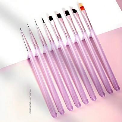 9-Piece Japanese Ice Purple Series Nail Art Brush Set, Includes: Nail Art Brush, Liner Brush, Dual-Ended Brush, Structural Brush, UV Gel Paint Pen, Gradient Brush, Suitable For Nail Salons And Home Use.