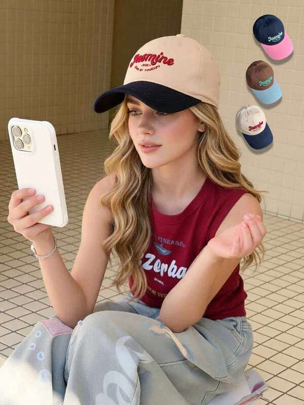 1 pieza Gorra de béisbol ajustable con protección UV, estilo casual y de moda, con bordado "Jaomine", ligera y lavada, adecuada para uso diario, playa y viajes