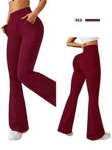 2-Pack Women's High Waist Solid Black Gray Red Flared Leggings With Side Pockets, Buttery Soft Yoga Pants For Fitness, Gym Training, Hiking, Lounge, Everyday Casual Wear Activewear - 2PCS(Black,Red) - 查看 9