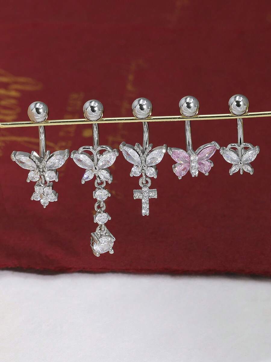 1pc/5pcs Butterfly Series Navel Rings Set, Inlaid Sparkling Cubic Zirconia Dangle Belly Button Piercing Body Jewelry, Suitable For Summer Beach - Multicolor - View 1