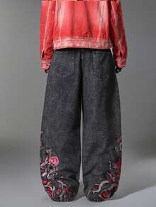 Jeans retro americanos para hombres con bordado personalizado, pantalones de pierna ancha de moda con lavado de nieve, pantalones casuales de cuatro estaciones (cinturón y accesorios no incluidos) - Gris - Ver 4