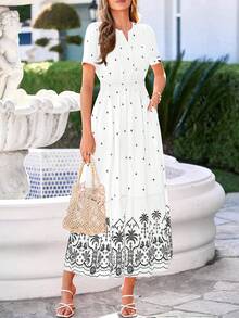Women Summer Boho Floral V Neck Short Sleeve Flowy Long Dress Casual Hawaii Beach Vacation Holiday Wedding Guest Maxi Dress Outfits - 白色黑色 - 查看 3