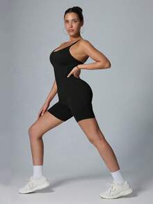 DINBEY Damen Sport-Yoga-Jumpsuit, einfarbiger minimalistischer Sport-Yoga-Jumpsuit, One-Shoulder-Träger Sport-Jumpsuit, Frühling/Sommer - Schwarz - Übersicht 4