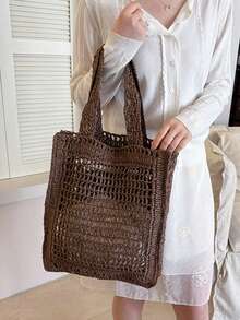 镂空网眼手工编织草编手提包，大容量单肩包，敞口设计，简约风格，适合约会、聚会、通勤、度假、日常使用，大学生适用 - 咖啡 - 查看 11