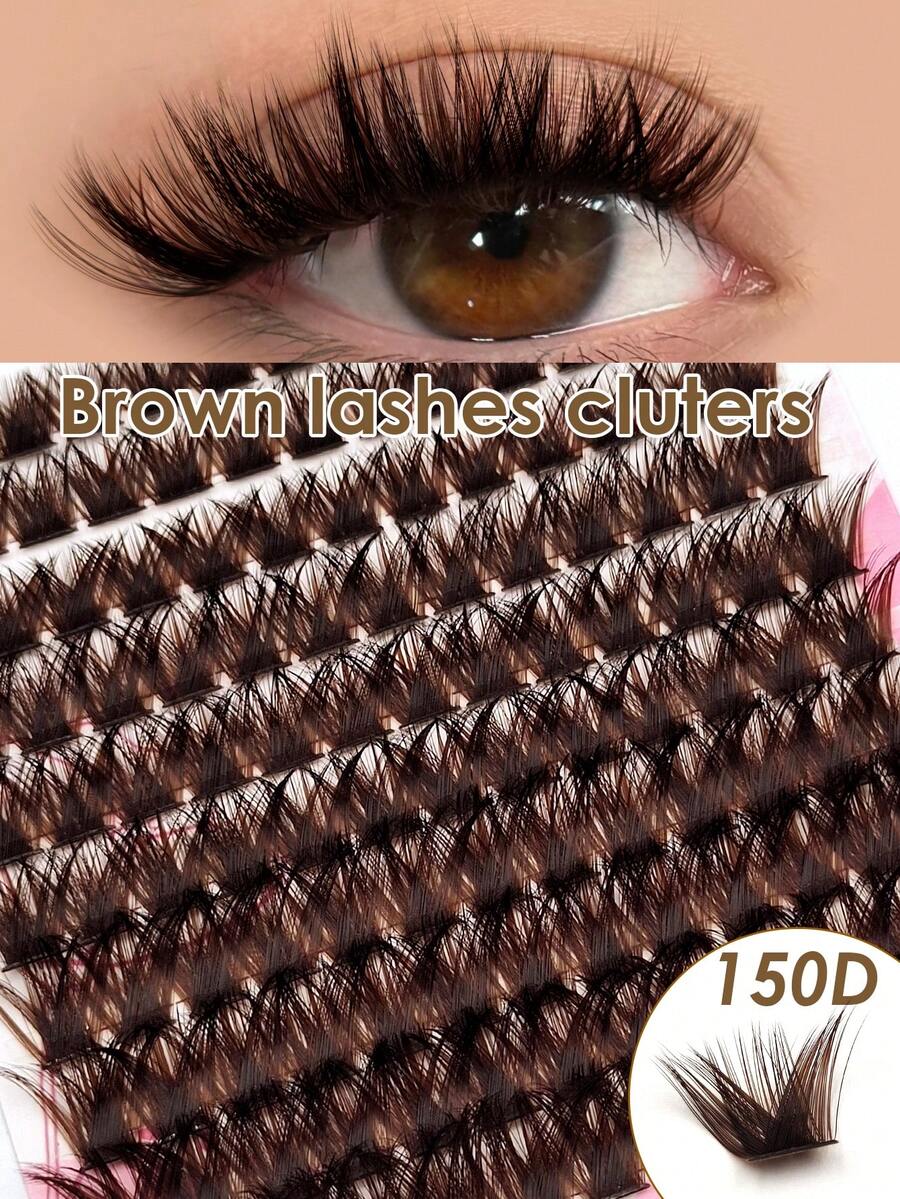 Rikuaild 130pcs 150D Brown Lash Clusters, D-Curl Fluffy Reusable Thick False Eyelashes, Soft For DIY Home Salon Daily Party Makeup - D - Xem 1