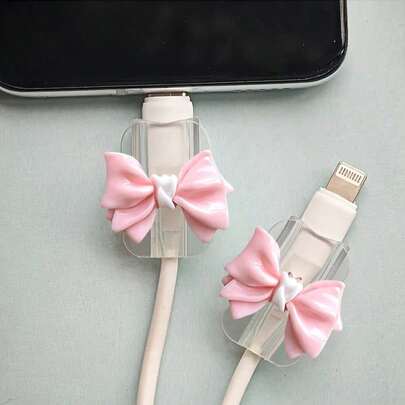 2个粉色褶皱蝴蝶结通用Lightning（5-14）Type-C数据线保护套 - 耐用、防撕裂、时尚手机配件设计 - 塑料材质，带可爱蝴蝶结装饰，充电线保护套
