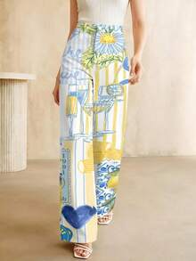 2026New Arrivals For European & American Spring, Summer And AutumnFloral And Lemon Pattern Women's Gradient Washed High-Waisted DesignPositano Italy Theme Summer Beachwear Gift For HerSuitable For All Seasons,Machine Washable,Loose Denim Wide Leg PantsHigh-Waisted Wide-Leg Design - 白色 - 查看 2