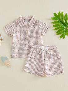 Summer Shorts Sets Short Sleeve Lapel Button Up Tree Print Shirt And Drawstring Shorts Plaid Outfits - Caqui - Ver 6