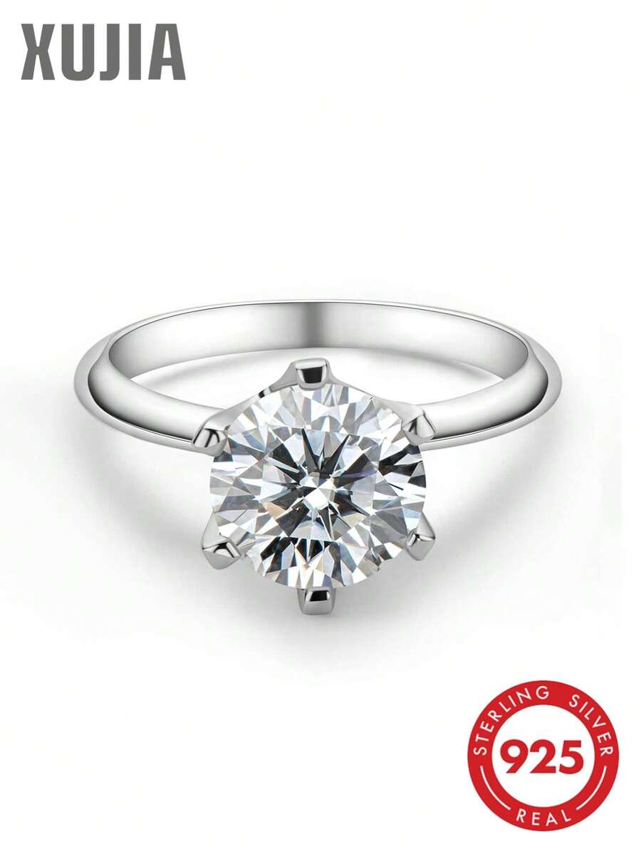 XUJIA 1 chiếc nhẫn Moissanite 3 carat, kiểu dáng nữ, màu D, độ tinh khiết VVS1, hình tròn 9mm, cắt hoàn hảo, bạc sterling 925 kiểu cổ điển 6 chấu, nhẫn kỷ niệm bạc, quà tặng kỷ niệm ngày cưới, quà tặng trang sức cho nữ.