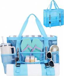 WANDF Mesh Beach Bag Women, Large Beach Tote Bags With 40oz Tumbler Side Pockets, Family Pool Bag Swim Toys Towels Cruise Vacation Essentials (Purple) |   Breathable - 藍色 - 查看 1