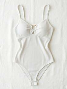Body feminino canelado com alças finas e detalhe franzido frontal - Branco - Visão 1