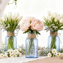 Vintage Glass Flower Vase, Farmhouse Glass Centerpiece Vases Mason Jars For Weddings, Parties & Home Decor Bulk (12, Transparent)  Bud Vases For Flowers For Rustic Wedding KDW8 - Blue - 查看 5