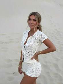 Women's Summer Vacation Set, Crochet Mesh Hollow Out Beach Short Sleeve Knit Cover Up + Shorts 2 Piece Set - Women's Vacation 2 Piece Set, Crochet Cover Up Nightclub Outfit, Women's Fitted Style White - 薄荷綠 - 查看 2