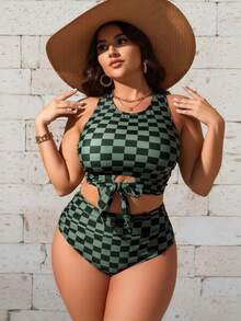 Women's Plus Size Plaid Checkered Bikini Set Cut Out Bow Tie High Waisted Swimsuits Tummy Control Bikini Set Curve Swimwear Push Up Bathing Suit Summer Beach Pool Vacation Outfit - màu xanh lá - Xem 5