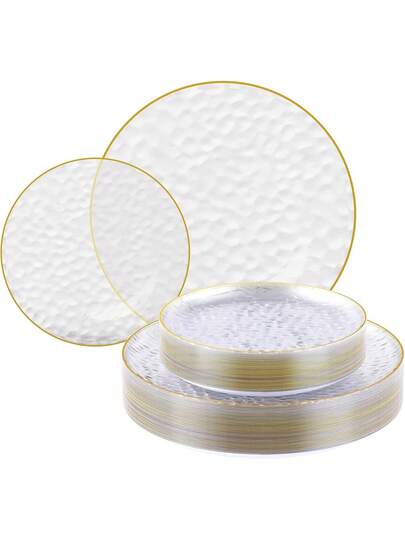 Bộ đồ ăn bằng thủy tinh trong suốt viền vàng gồm 25/20/10/5/1 món, bao gồm đĩa, bát đựng trái cây và salad, đĩa ăn (có thể dùng như đĩa ăn thông thường) và thìa trộn salad có thể rửa được. Sản phẩm có đặc tính tái sử dụng và dễ vệ sinh. Thích hợp cho trang trí đám cưới, tiệc sinh nhật, họp mặt gia đình, hoạt động team building ngoài trời, trường học, nhà hàng và trang trí tiệc tại nhà bếp. Đây cũng là lựa chọn lý tưởng cho quà tặng theo mùa cho gia đình và trường học.