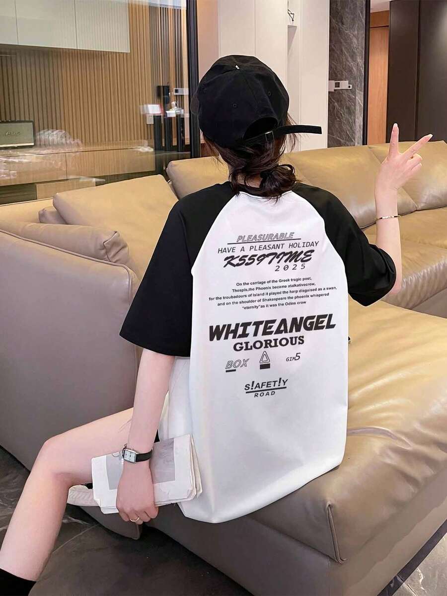 女款春夏極簡黑白對比短袖T恤，個性化英文字母圖案雙面印花，休閒百搭寬鬆舒適日常通勤韓系慵懶辣妹圓領短袖上衣