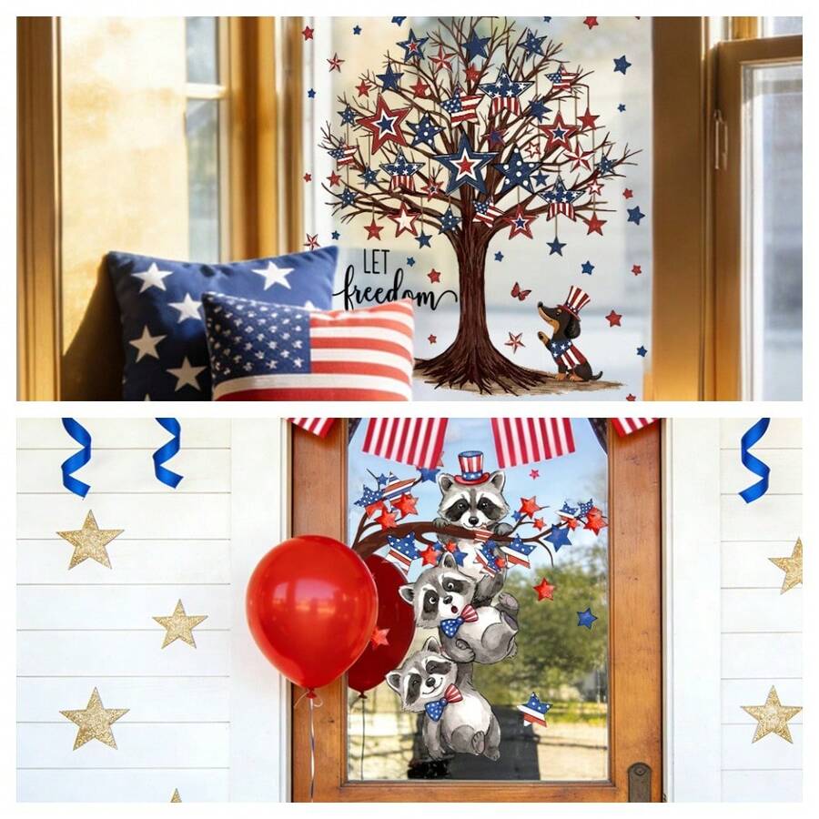 1/3pcs Independence Day Window Stickers. Celebrate Freedom Tree With Star Pattern Decor Containing American Flag Elements. Removable Waterproof Material. Suitable For Home Parties, Shop Window Displays And Holiday Home Decor. - Multicolor - View 1